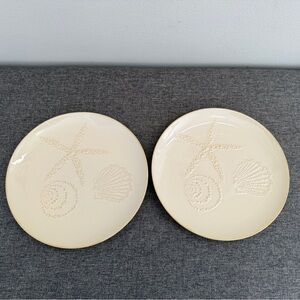 Pottery Barn Ivory Beige Under The Sea Salad Plates 9” Set 2 Embossed Shells